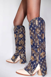 Denim Fold Over Pointed Toe Block Heel Knee High Boots With Sequins - Dark Blue