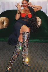Floral Satin Gemstone-Embellished Pointed Toe Knee High Stiletto Boots - Black