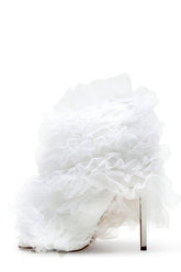 Tulle Square Peep Toe Stiletto Heeled Boots - White