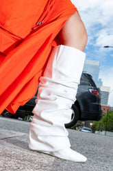 Scrunched Foldover Mid Calf Wedge Heel Boots - White