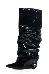 Patent Scrunched Foldover Mid Calf Wedge Heel Boots - Black