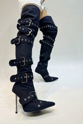 Multi Buckle Pointed Toe Thigh High Stiletto Heel Boots - Black