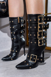 Multi Buckle Pointed Toe Ankle High Heel Boots - Black