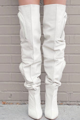 Bubble Textured Faux Leather Zip Detail Cargo Thigh High Stiletto Boots - White