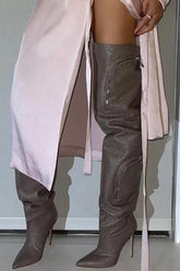 Bubble Textured Faux Leather Zip Detail Cargo Thigh High Stiletto Boots - Taupe