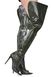 Crocodile-Effect Peep Toe Thigh High Stiletto Boots - Black