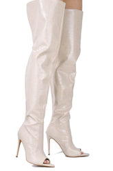 Crocodile-Effect Peep Toe Thigh High Stiletto Boots - White
