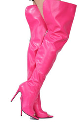 Crocodile-Effect Peep Toe Thigh High Stiletto Boots - Hot Pink