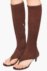 Faux Suede Open Toe Thong Strap Knee High Heeled Boots - Brown