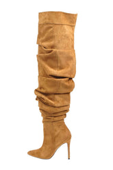 Denim Ruched Over-The-Knee Pointed Toe Stiletto Boots - Yellow
