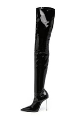 Patent Pointed Toe Thigh High Stiletto Boots - Black