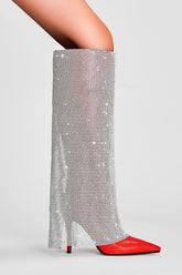 Rhinestone Mesh Overlay Pointed Toe Knee High Stiletto Boots - Red