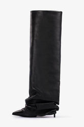 Faux Leather Pointed Toe Folded Knee High Stiletto Boots - Black