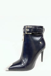 Faux Leather Buckled Eyelet Front Zip Ankle Boots - Black