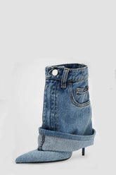 Denim Folded Mid Calf Pointed Toe Stiletto Heel Boots