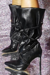 Elasticated Strap Slouchy Pointed Toe Mid-Calf Stiletto Boots