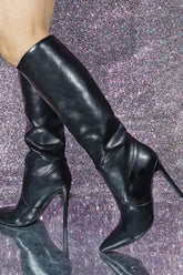 Faux Leather Pointed Toe Mid-Calf Stiletto Boots - Black