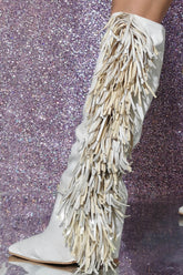 White Pointed Toe Knee-High Fringe Wedge Boots