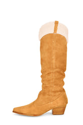 Suede Pointed Toe Western Cowboy Knee High Boots With Faux Fur Trim - Gold