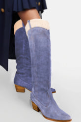 Suede Pointed Toe Western Cowboy Knee High Boots With Faux Fur Trim - Cornflower