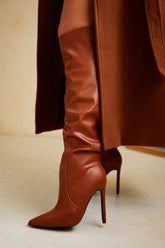 Faux Leather Pointed Toe Knee High Stiletto Boots - Brown