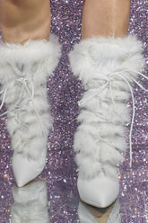 Furry Faux Fur Lace Up Pointed Toe Stiletto Ankle Boots - White