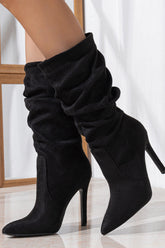 Faux Suede Pointed Toe Knee High Ruched Mid Heeled Boots - Black