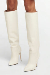 Leather Pointed Toe Ruched Knee-High Boots - White