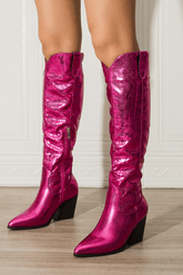 Metallic Python Western Cowgirl Pointed Toe Knee High Boot - Hot Pink