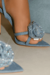 Rose Embellished Pointed Toe High Stiletto Heels - Denim