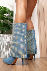 Blue Denim Diamante Fold Over Mid-Calf Boots
