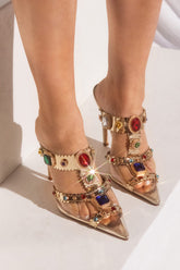 Metallic Gem Embellished Pvc Stiletto Mules - Gold