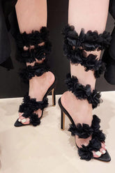 Faux Patent Leather Floral Open Almond Toe Stiletto Sandal - Black