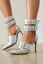 Metallic Python Double Buckle Strap Pointed Toe Ankle Stiletto Heel Boots - Silver