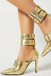 Metallic Python Double Buckle Strap Pointed Toe Ankle Stiletto Heel Boots - Gold
