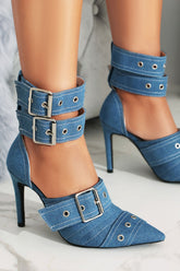 Double Buckle Strap Pointed Toe Ankle Stiletto Heel Boots - Blue Denim