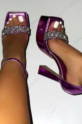 Diamante Embellished Open Square Toe Platform Heels - Hot Pink