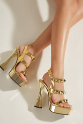 Studded Caged Square Toe Platform High Flared Block Heel - Gold