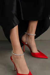 Faux Satin Diamante Chain Detail Ankle Strap Pointed Toe Stiletto Court Heel - Red