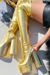 Metallic Faux Leather Platform Block Heel Thigh High Boots - Gold
