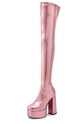 Metallic Faux Leather Platform Block Heel Thigh High Boots - Pink