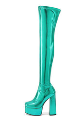 Metallic Faux Leather Platform Block Heel Thigh High Boots - Green