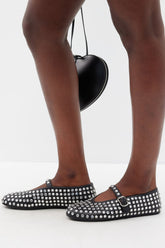 Faux Leather Crystal-Embellished Buckled Ballet Flats - Black