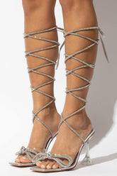 Lace Up Diamante Bow Square Toe Clear Perspex Heel