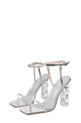 Diamante Embellished Square Open Toe Clear Block Heel Sandals - Silver