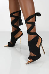Ribbon Tie Wrap Around Pointed Toe Gold Stiletto Heel - Black