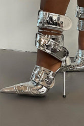 Multi Buckle Pointed Toe Ankle Stiletto Heel Boots - Silver