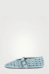 Faux Leather Laser-Cut Buckled Ballet Flats - Light Blue