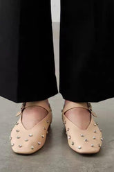 Faux Leather Crystal-Embellished Buckled Ballet Flats - Nude