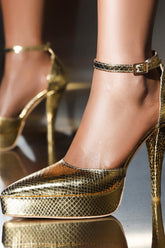 Metallic Snakeskin Stiletto Heel Platform Pump - Gold